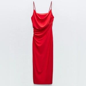 NWT ZARA Women’s Midi Dress Strappy Ruched Red Slip Faux Wrap‎ 1165/1740 MEDIUM